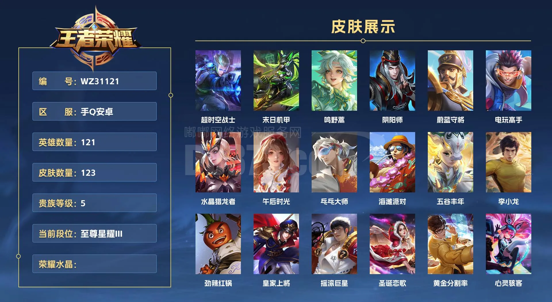 WZ31121|手Q安卓 121英雄 123皮肤 贵族等级5  超时空战士 末日机甲 鸣野蒿 阴阳师 蔚蓝守将 电玩高手 水晶猎龙者 午后时光 乓乓大师 海滩派对 五谷丰年 李小龙 劲辣红锅 皇家上将 摇滚巨星...