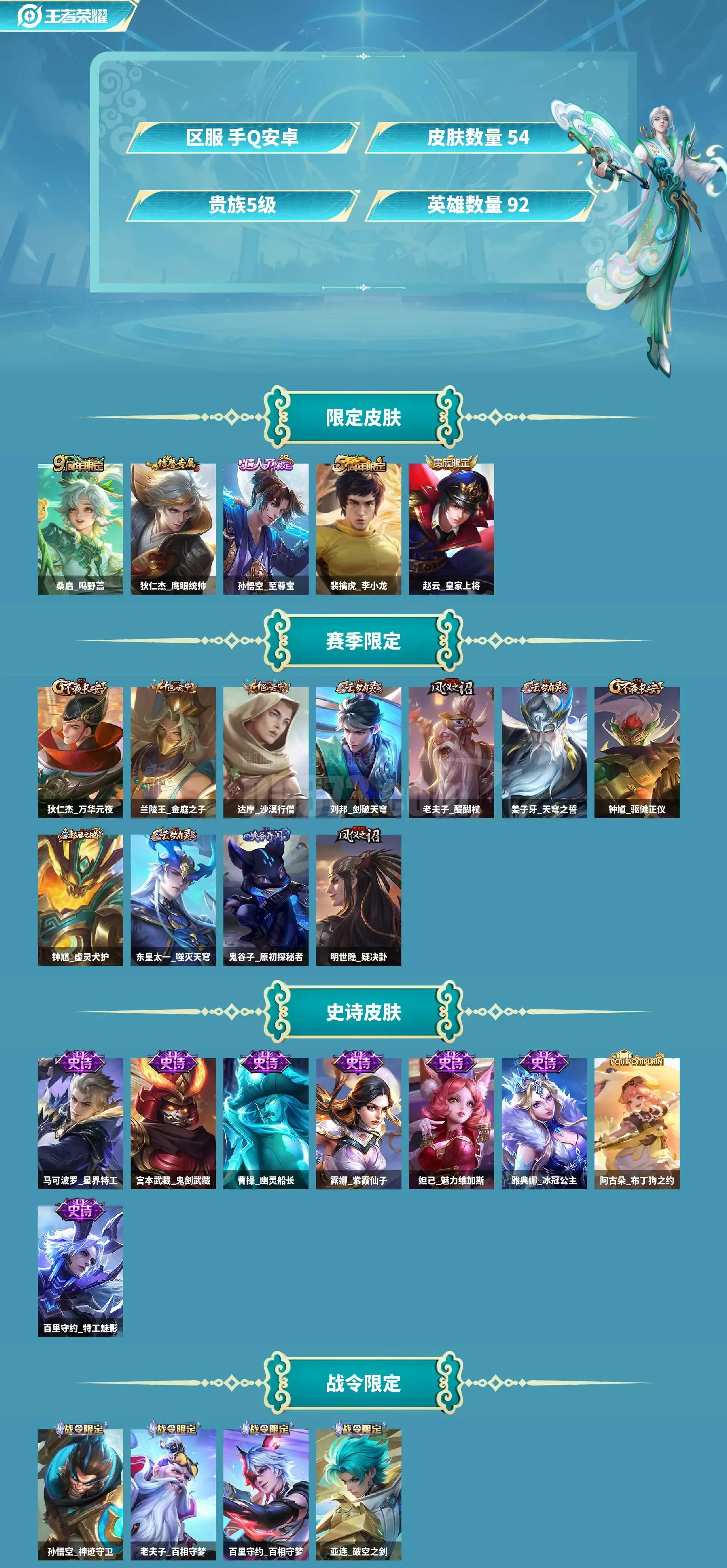 AL602588  【热门限定皮肤至尊宝,市标百里】 皮肤数54 传说皮肤数1 史诗皮肤数13 英雄数94 贵族等级【文本】贵族5级 【贵族5级】 【可排位】